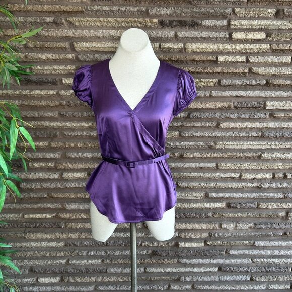 INC International Concepts Purple Stretch Silk Puffy Sleeve Faux Wrap Blouse - Picture 10 of 11